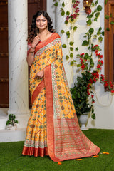 Elegant Mustard Yellow Patola Silk Saree with Rich Red Zari Border
