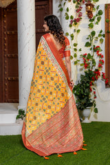 Elegant Mustard Yellow Patola Silk Saree with Rich Red Zari Border