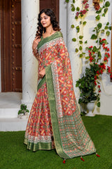Elegant Red & Forest Green Patola Print Art Silk Saree with Zari Border