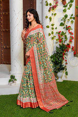 Vibrant Green Patola Silk Saree with Elegant Zari Border