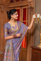 Elegant Lavender Digital Print Silk Blend Saree with Mythological Motifs & Zari Border