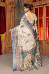 Regal Off-White Tussar Silk Saree with Intricate Pichwai Art & Zari Border