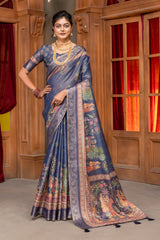 Enchanting Navy Blue Silk Blend Saree with Ornate Pichwai-Inspired Prints