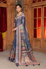 Enchanting Navy Blue Silk Blend Saree with Ornate Pichwai-Inspired Prints