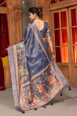 Enchanting Navy Blue Silk Blend Saree with Ornate Pichwai-Inspired Prints