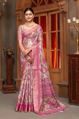 Radiant Pink Floral Digital Print Art Silk Saree with Elegant Zari Border