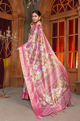 Radiant Pink Floral Digital Print Art Silk Saree with Elegant Zari Border