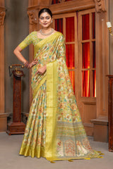 Elegant Olive Green Floral Digital Print Organza Silk Saree with Zari Border
