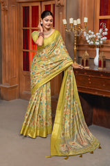 Elegant Olive Green Floral Digital Print Organza Silk Saree with Zari Border