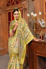 Elegant Olive Green Floral Digital Print Organza Silk Saree with Zari Border