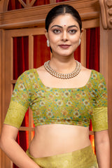 Elegant Olive Green Floral Digital Print Organza Silk Saree with Zari Border