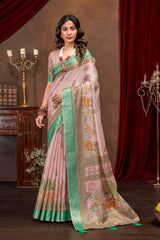 Enchanting Baby Pink Art Silk Saree with Traditional Digital Print & Emerald Green Border