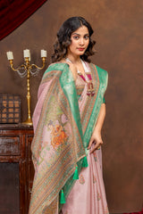 Enchanting Baby Pink Art Silk Saree with Traditional Digital Print & Emerald Green Border