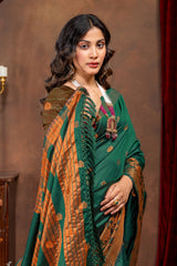 Elegant Emerald Banarasi Silk Saree with Ornate Copper Zari Work