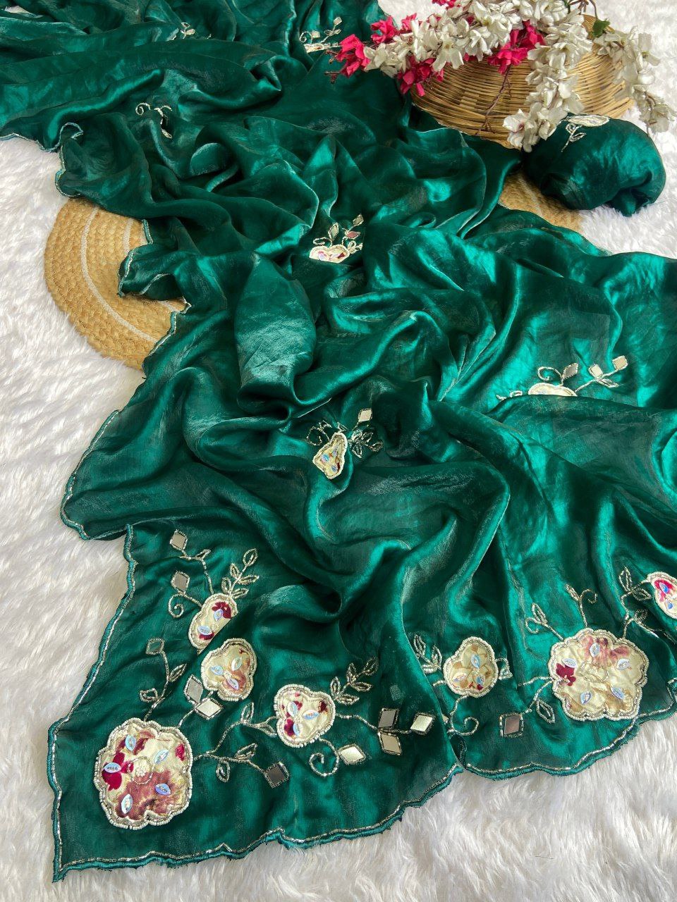 Elegant Fandy Satin Saree with Floral Embroidery and Mirror Work