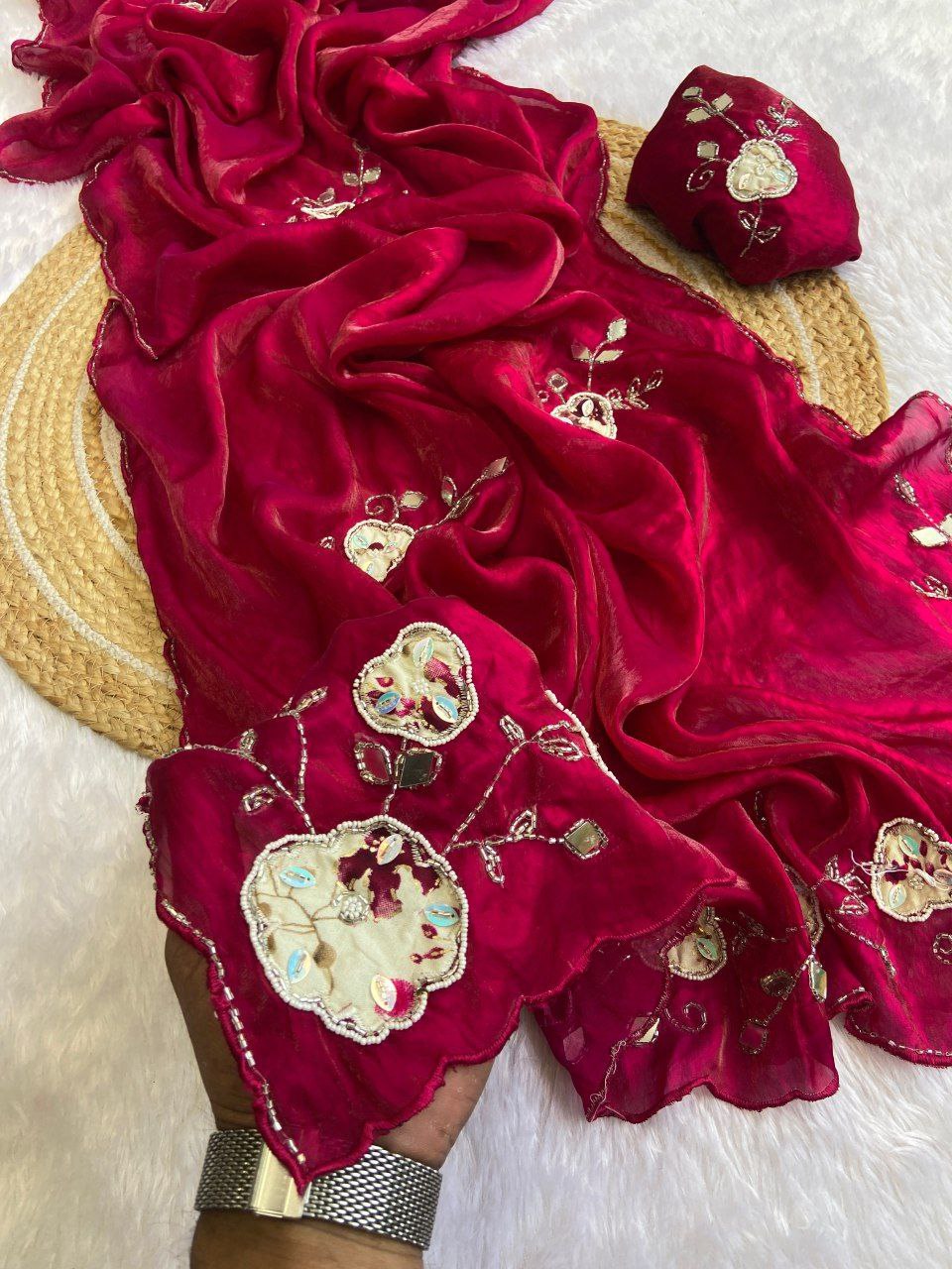 Elegant Fandy Satin Saree with Floral Embroidery and Mirror Work
