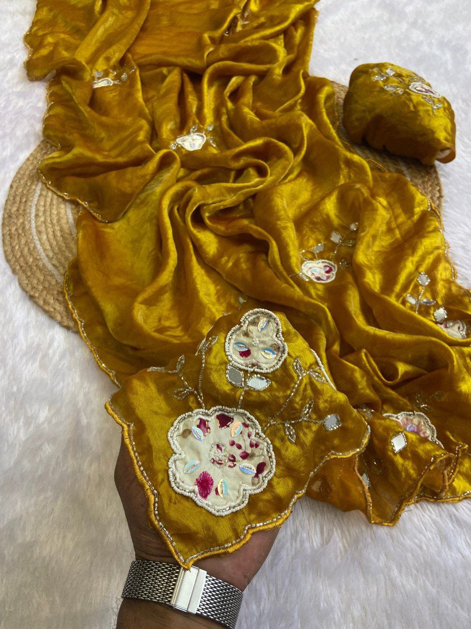 Elegant Fandy Satin Saree with Floral Embroidery and Mirror Work
