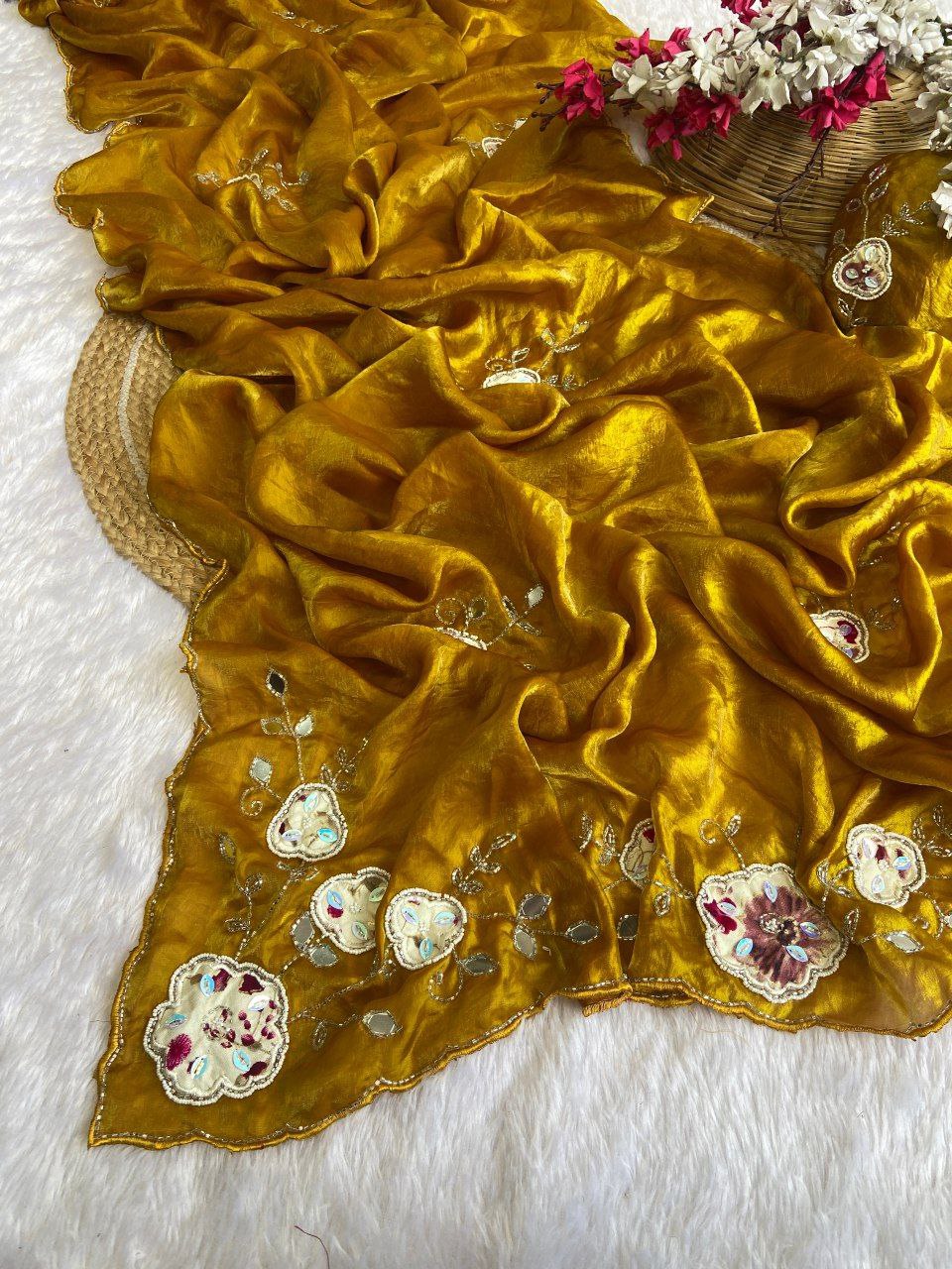 Elegant Fandy Satin Saree with Floral Embroidery and Mirror Work